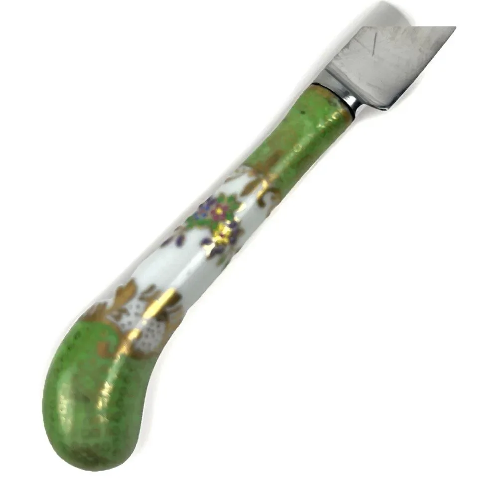 VTG Sheffield England Stainless Steel Cheese Knife Porcelain Handle Green Floral